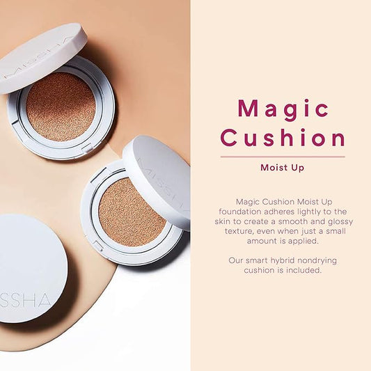 Missha Magic Cushion Moist Up No. 21 Light Beige for bright skin, Hydrating 3-in-1 Moisture Korean Cushion Foundation, Long-lasting, High Coverage, for All Skin Types