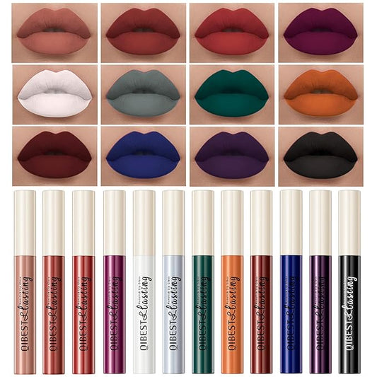 12Pcs Nude Matte Liquid Lipstick Set, Halloween Waterproof Non-Stick Cup Black White Dark Red Colorful Lipstick 24 Hour Not Fade Matte Lipstick Professional Lip Gloss Makeup Gifts for Women (Set B)