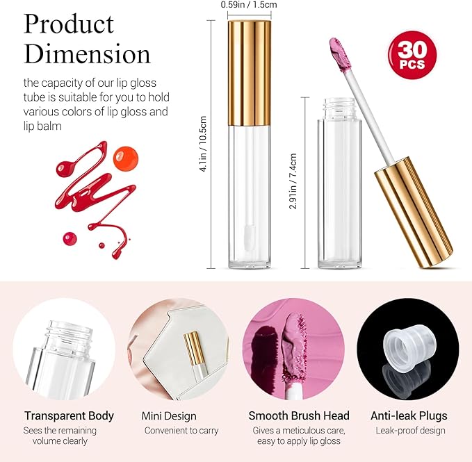 KPX 30 Pcs lip Gloss Tube Containers Bulk Wand 10ml Empty Clear Pink Lip Oil Tubes Refillable Lip Balm Bottles with Rubber Insert for DIY Makeup Such as Lip Samples, Homemade Lip Balm (Golden)