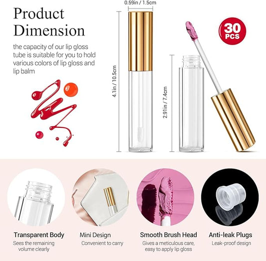 KPX 30 Pcs lip Gloss Tube Containers Bulk Wand 10ml Empty Clear Pink Lip Oil Tubes Refillable Lip Balm Bottles with Rubber Insert for DIY Makeup Such as Lip Samples, Homemade Lip Balm (Golden)