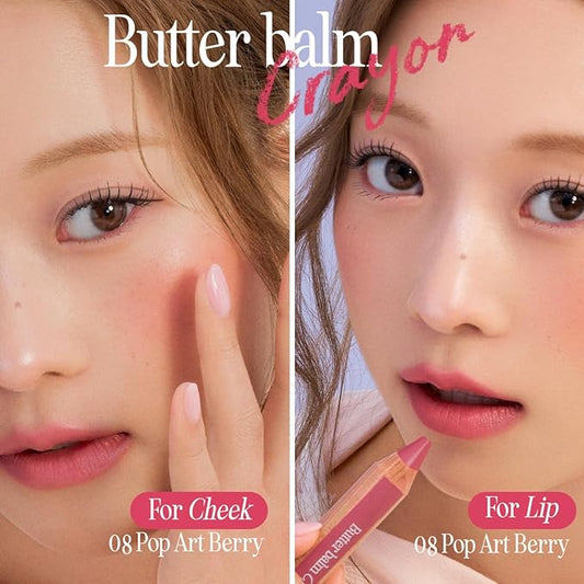CLIO Butter Balm Crayon, 2-in-1 Lip and Cheek Tint, Buildable Lightweight Cream Blush, Crayon Lipstick Makeup (003 PASTEL ROSE, One Size)