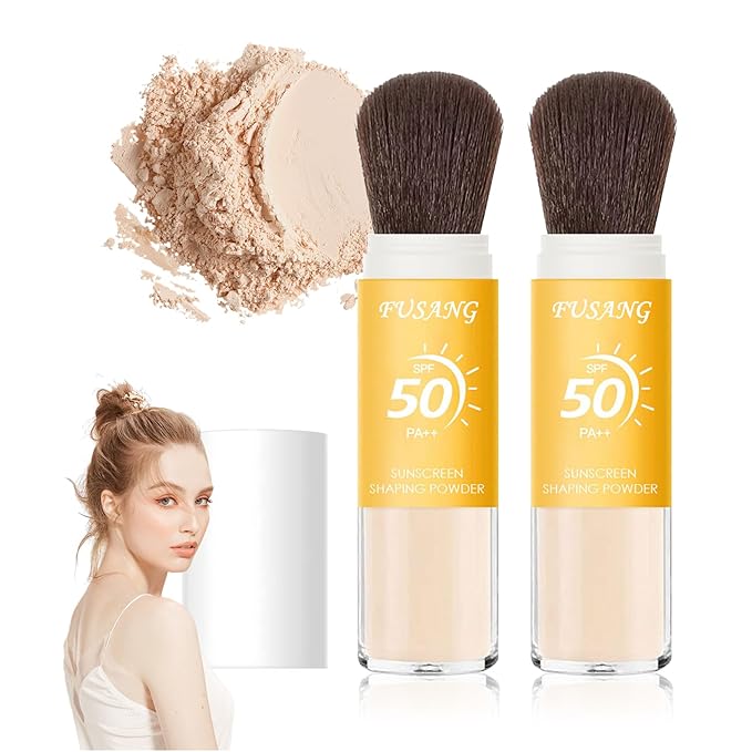 2 Pcs Sunscreen Setting Powder,SPF 50++ Mineral Setting Powder with Soft Sunscreen Brush,Oil Control Lightweight Brush Powder,Matte Translucent Face Powder
