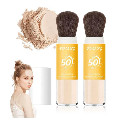 2 Pcs Sunscreen Setting Powder,SPF 50++ Mineral Setting Powder with Soft Sunscreen Brush,Oil Control Lightweight Brush Powder,Matte Translucent Face Powder