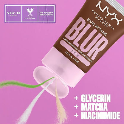 NYX PROFESSIONAL MAKEUP Bare With Me Blur Skin Tint Foundation Make Up with Matcha, Glycerin & Niacinamide - Rich