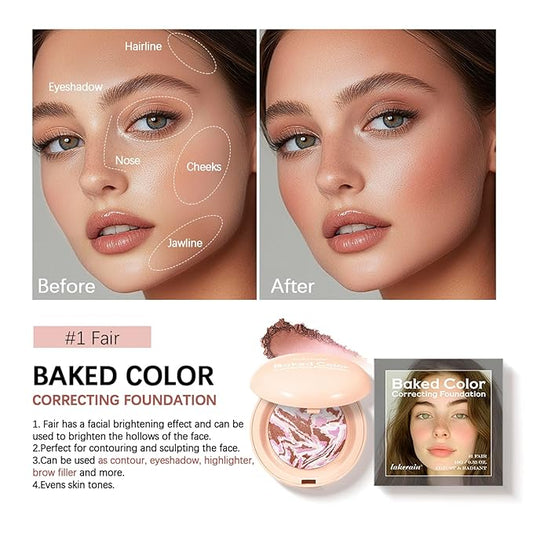 Baked Color Correcting Foundation – Lightweight Airy Finish Powder Makeup with Mirror, Subtle Glow, Oil Control, Long Lasting – Fine Texture for Smooth Light to Medium Coverage (#1 Fair)