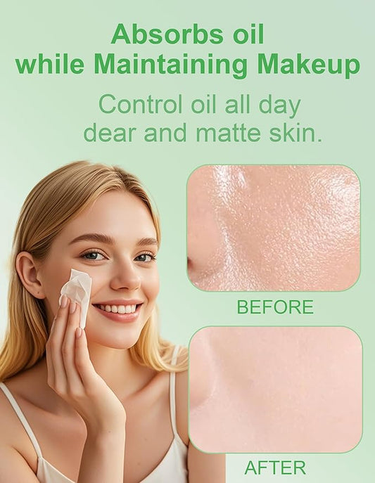 Upgrade Oil Blotting Paper - 300 Sheets w/Mirror, Puff & Refills, Absorbs Excess Face Oil, Controls Shine, Gentle for Makeup Use.