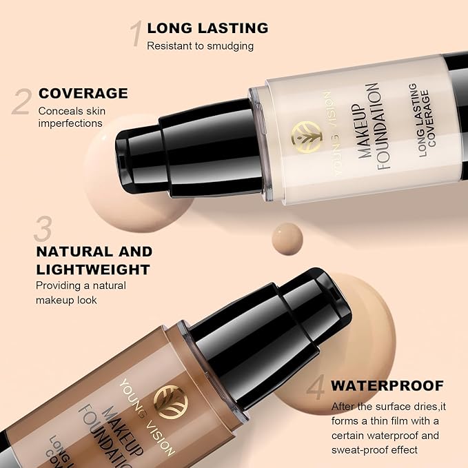 YOUNG VISION Full Coverage Liquid Foundation and Concealer Duo – Long-Wear, Lightweight, Non-Comedogenic, Hydrating, Oil-Free, Waterproof, Skin-Like Finish for All Skin Types