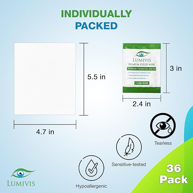 Tea Tree Oil Eyelid Wipes – 144 Individually Wrapped Pads for Daily Eye Cleansing, Makeup Removal & Eyelid Hygiene – Gentle, Soothing, Natural Formula