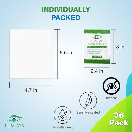 Tea Tree Oil Eyelid Wipes – 144 Individually Wrapped Pads for Daily Eye Cleansing, Makeup Removal & Eyelid Hygiene – Gentle, Soothing, Natural Formula