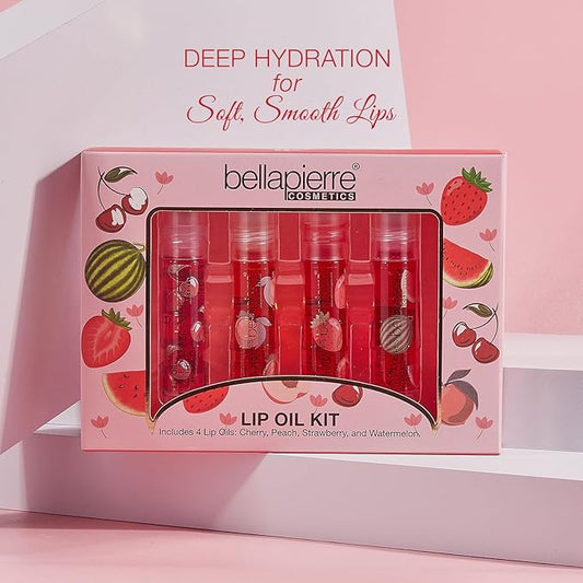 bellapierre Cosmetics 4-Piece Natural Lip Oil Kit | Moisturizing Lip Gloss Set | Fruit Flavored Lip Oil Collection with Rollerball Applicator
