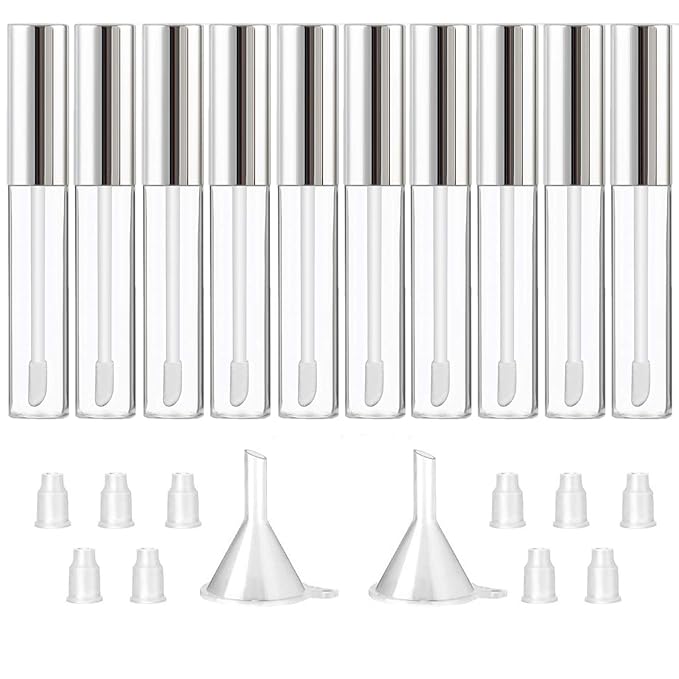 GTHER 10PCS 10ML Empty Lip Gloss Containers Tube with Wand, Refillable Lip Balm Bottles, Lipstick Sample Container and Funnel and Rubber Stoppers for Girls DIY Lip Samples, Silver Top