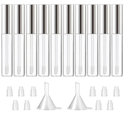 GTHER 10PCS 10ML Empty Lip Gloss Containers Tube with Wand, Refillable Lip Balm Bottles, Lipstick Sample Container and Funnel and Rubber Stoppers for Girls DIY Lip Samples, Silver Top
