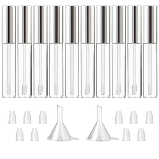 GTHER 10PCS 10ML Empty Lip Gloss Containers Tube with Wand, Refillable Lip Balm Bottles, Lipstick Sample Container and Funnel and Rubber Stoppers for Girls DIY Lip Samples, Silver Top