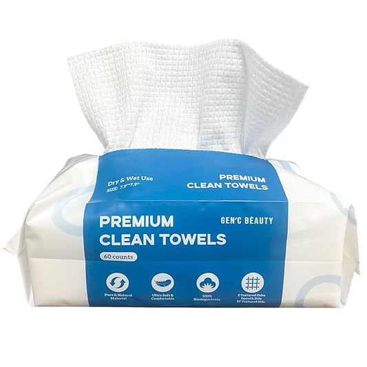 GEN'C BÉAUTY Premium Disposable Clean Towel | Biodegradable Fabric | Ultra Soft & Absorbent| EF Textured Face Towel| Makeup Removing Towel (60 count (Pack of 1))
