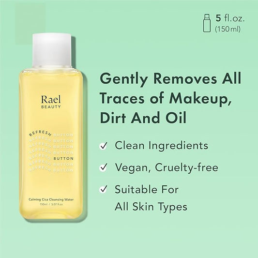 Rael Skin Care, Cleansing Water for Face - Gentle Daily Makeup Remover & Cleanser, Korean Skincare, All Skin Types, H3O Hyaluronic Acid and Cica Extract, Cruelty Free (5.07oz)