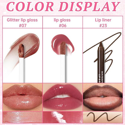 2 Color Nourishing Lip Gloss Brown Liner Combo, Hydration Plumping Glitter Lip Glow Oil Set for Women, Moisturizing Lightweight Long Lasting High Shine Lip Tint, Mini Liquid Lipstick Makeup