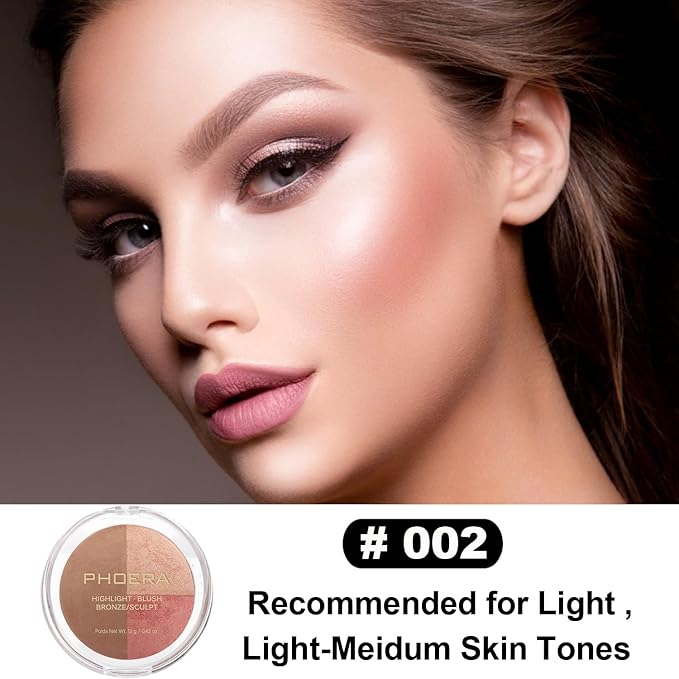 PHOERA Foundation, PHOERA Contour Palette,Shades with Highlighter & Bronzer & Blush,PHOERA Makeup Lightweight Long Lasting Wrinkles Matte Natural Finish (102+ #002 Contour/Nude+#002)