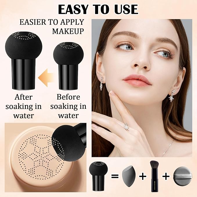 Mushroom Head Air Cushion CC Cream,Full Coverage Mushroom Head Liquid Foundation BB Cream Face Makeup,Oil Control Long Lasting Moisturizing Matte Concealer,Even Skin Tone（Ivory）