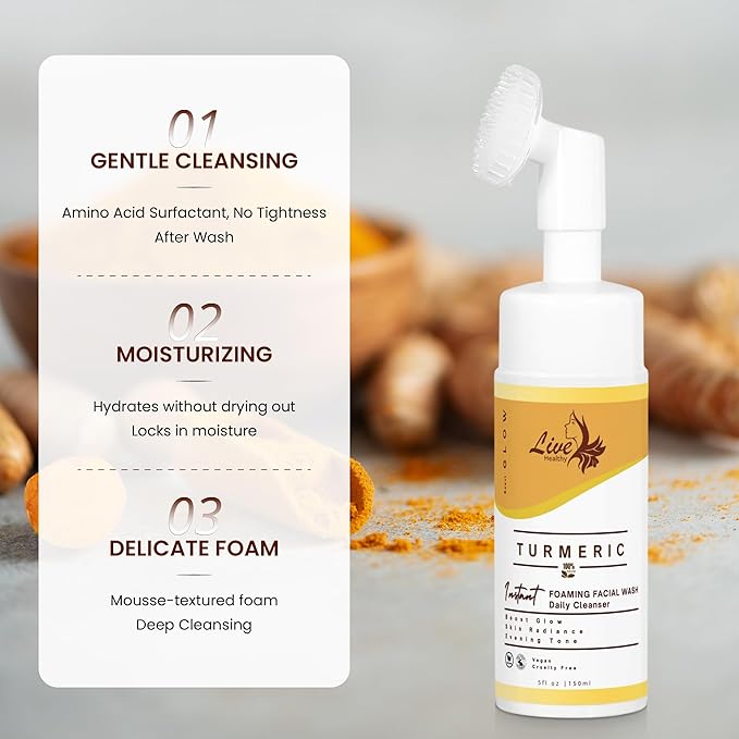 Live Healthy Turmeric Foaming Face Wash - Turmeric Face Wash with Brush, Deep Cleansing, Gentle, Facial Cleanser, Makeup Remover, Natural Formula for Acne, Blackhead & Oil Control, Hydrating -150ml