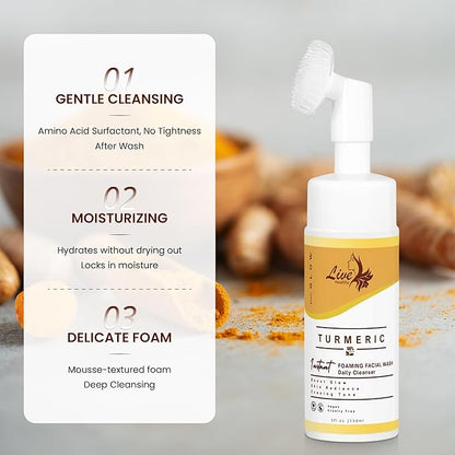 Live Healthy Turmeric Foaming Face Wash - Turmeric Face Wash with Brush, Deep Cleansing, Gentle, Facial Cleanser, Makeup Remover, Natural Formula for Acne, Blackhead & Oil Control, Hydrating -150ml