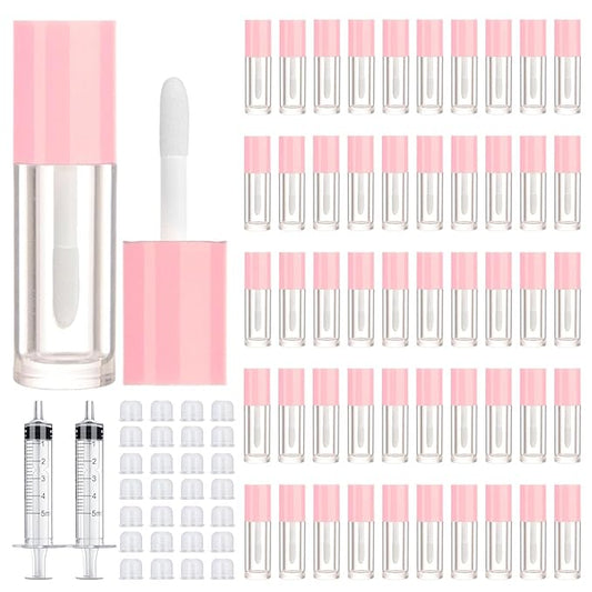 50pcs 2.5ml Empty Lip Gloss Containers Lip Gloss Tubes with Wand Cute 0.08oz Clear Refillable Lipgloss Making Supplies Kit for DIY Makeup + 2pcs Syringes (Pink)