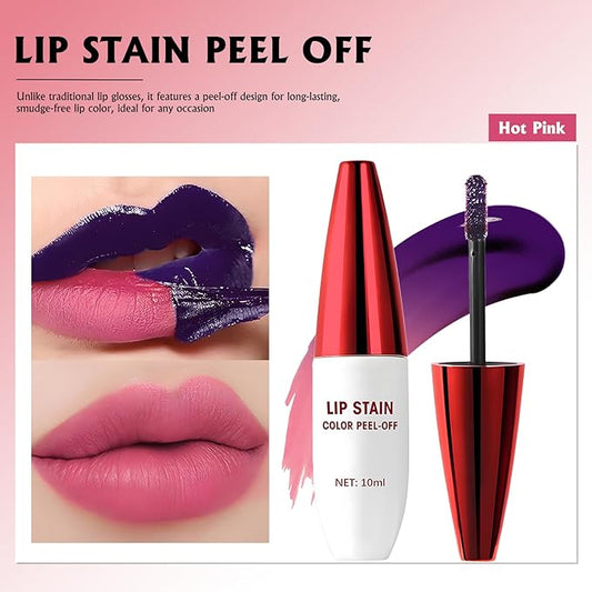 Peel Off Lip Stain, Hot Pink Lip Stain Peel Off Long Lasting Waterproof Lip Tint Stain Peel Off Matte Finish Pigmented Lip Liner Stain Tattoo Color Non-Stick Cup Liquid Lip Gloss Makeup