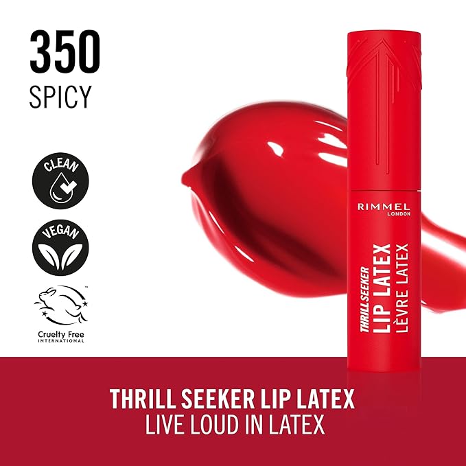 Rimmel Thrill Seeker Lip Latex, 350 Spicy, Liquid Lipstick, Lipgloss, Lip Colour, Hyaluronic Lipstick, Lip Stain, Smooth Shine, Hydration, Hyaluronic Acid, Vitamin E, Aloe Vera, 0.2oz