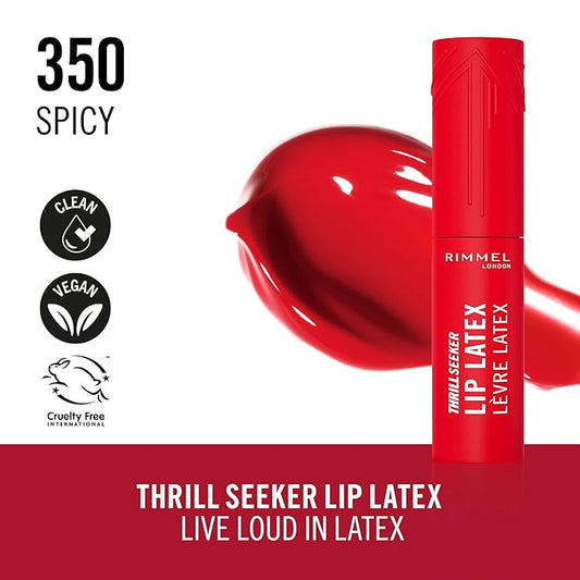 Rimmel Thrill Seeker Lip Latex, 350 Spicy, Liquid Lipstick, Lipgloss, Lip Colour, Hyaluronic Lipstick, Lip Stain, Smooth Shine, Hydration, Hyaluronic Acid, Vitamin E, Aloe Vera, 0.2oz