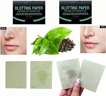 2 Pks GREEN TEA INFUSED Soothing Natural Abaca Blotting Paper - 100 Oil Blotting Sheets - Makeup Friendly UNISEX Oily Skin Shine Blotter Photography Zoom Meetings Travel Gym School - MADE IN TAIWAN