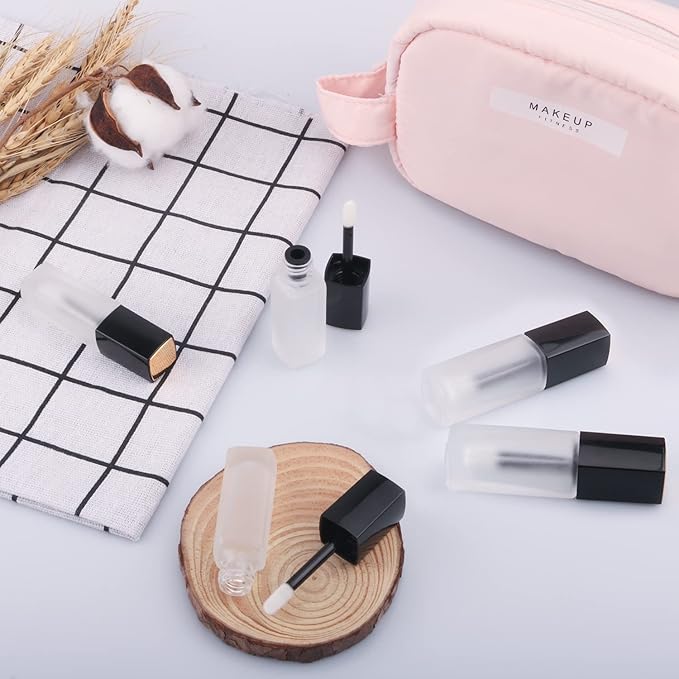 5 Pcs 5ml Frosted Glass Lip Gloss Tubes Refillable Square Lip Glaze Tube Vials Mini Lip Balm Bottle Container with Wands & Stoppers for Women Girls DIY Makeup Travel