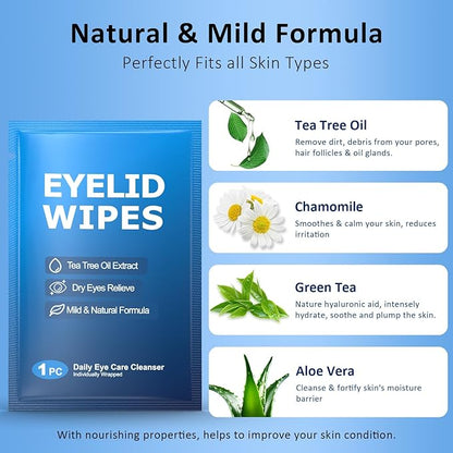 30PCS Eyelid & Lash Wipes for Itchy & Dry Eyes, Tea Tree Oil Eyelid Wipes for Styes & Blepharitis, Daily Eye Cleansing Wipes, Hypoallergenic & Soothing For Sensitive Eyes, Stay Hydrated Lid Wipes