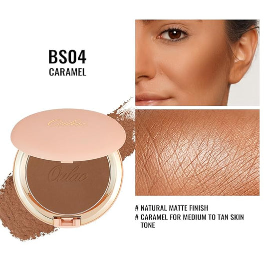 Oulac Matte Bronzer Powder Face Makeup Compact - Natural Sun Kissed Finish, Highlighter Bronzer Blush, Contour Powder, Soft Touch Texture, Vegan & Cruelty-Free BS04, 【BS04 Caramel】