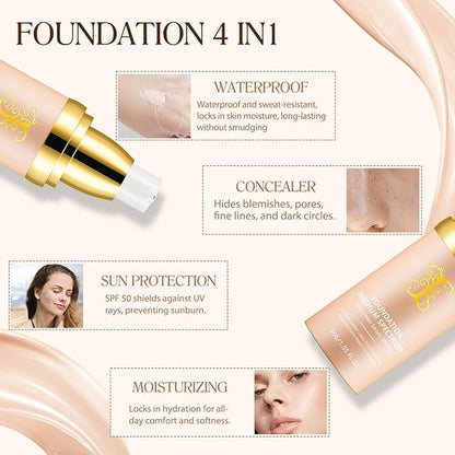 Foundation 4 in 1 - Medium Spectrum with SPF 50+, Anti-Aging, Concealer, Sun Protection, Hydrating Color Changing Foundation Makeup Liquid - Longwearing & Waterproof for Sport, Dancing (2PC, SPF50)