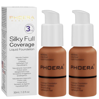 PHOERA Foundation, PHOERA Matte Liquid Foundation,PHOERA Makeup for Women, PHOERA Foundation Full Coverage Concealer, 30ml 24HR Matte Oil Control Concealer (109-Mocha*2)