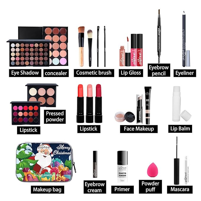 All in One Makeup Kit for Women Full Kit, Valentine's Day Gifts for Women Girls, Essential Bundle With Eyeshadow Palette, Brush, Lipstick, Blush, Foundation, Concealer, Mascara, Eyebrow Pencil