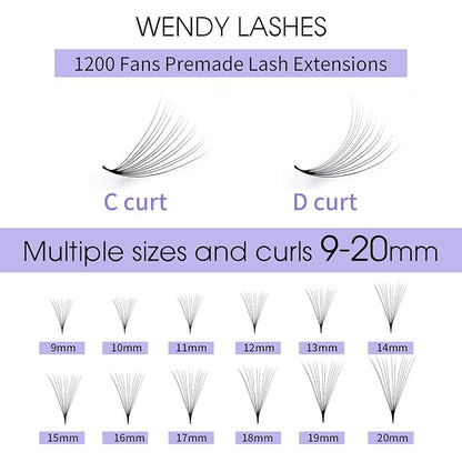 1200 Fans Lash Extension Premade Fans Eyelash Extensions 9-20mm Mixed 12D Eyelash Extension D Curl Pointed Base Volume Lash Extensions Lash Extensions(1200PCS-12D-0.07-D, 9-20mm mixed tray)