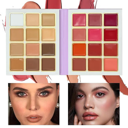 24 Color Conceal Correct Cream Contour Bronzer Blush Highlighter Face Palette with Makeup Brushes, Matte and Glow Contour Kit Concealer for Dark Circles