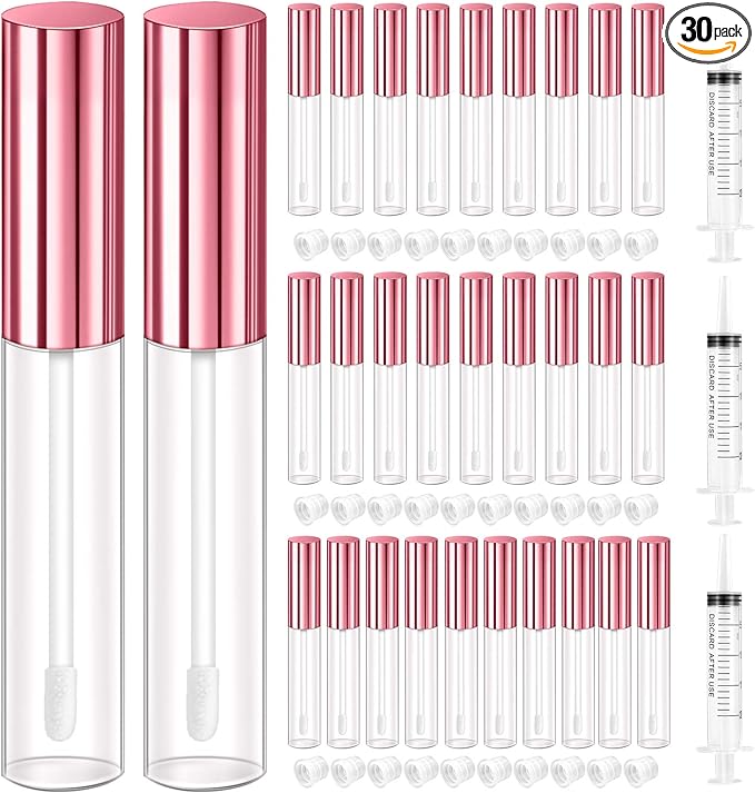 KPX 30 Pcs lip Gloss Tube Containers Bulk Wand 10ml Empty Clear Pink Lip Oil Tubes Refillable Lip Balm Bottles with Rubber Insert for DIY Makeup Such as Lip Samples, Homemade Lip Balm(Pink)