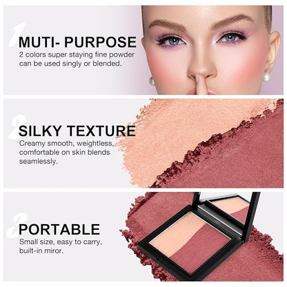 Boobeen Blush Contour Highlighter Makeup Palette, 2 Color Shimmer Smooth Powder Palette for Blush, Highlighting, Contouring the Face, Blendable Compact Highlight Contour Set