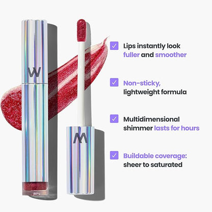 Wonderskin WONDER BLADING Top Gloss - Red Glitter Lip Gloss, Hydrating and High Shine Finish Lip Makeup (Red Glitter)