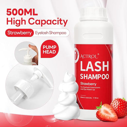 Eyelash Extension Cleanser 500ml Strawberry Natural Lash Extension Shampoo Professional Eyelid Foaming Cleanser Paraben & Sulfate Free Non-lrritating with Salon and Home Care