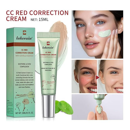 CC Red Correction Cream With Centella - Color Correcting Formula for Blemishes, Red Skin, & Acne Marks - Lightweight, Non-Greasy - Hydration Skin and SPF Protection (Green)