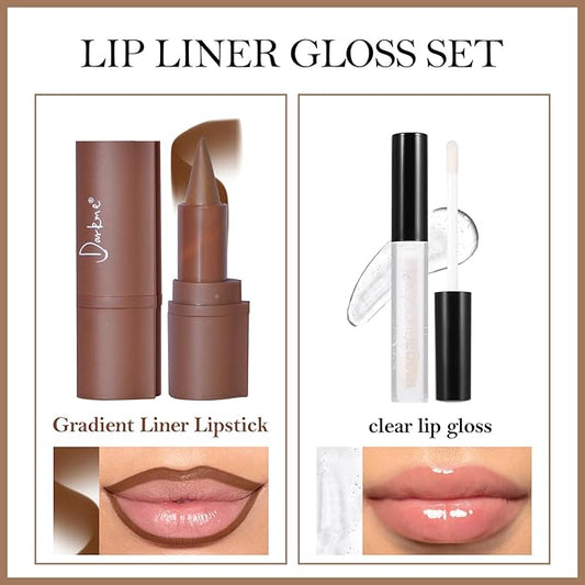 Erinde Lip Liner and Clear Gloss Set, Lip Liner and Lipstick Combo & Clear Lip Oil, Waterproof lip liner pen sets for women, Long Lasting Gradient Liner Lipstick Makeup Kits, 01