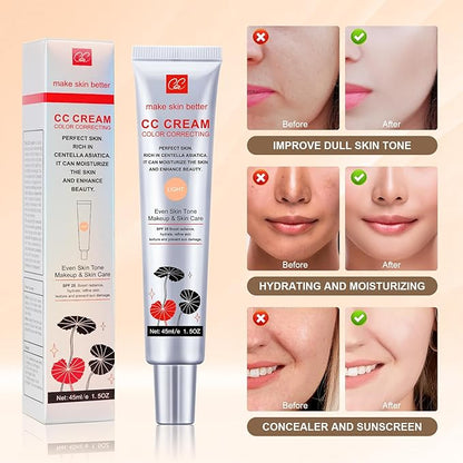 2 PCS Color Correcting CC Cream with Powder Puff 【SPF 25】, Light & Hydrating CC Cream Foundation with Centella Asiatica, Multi-Purpose for Even Skin Tone, Refine Skin Texture, SPF Protection (Light*2)