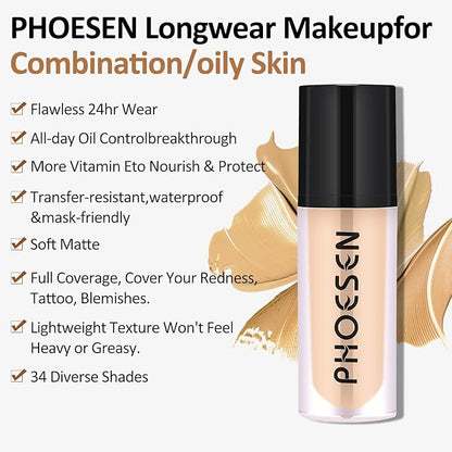 Liquid Foundation, Flawless Soft Matte Liquid Foundation 24HR Oil Control, Concealer Foundation Makeup, Medium to Full Coverage with Matte Finish, 1.35 Oz