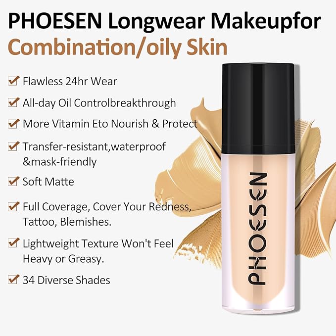 Liquid Foundation, Flawless Soft Matte Liquid Foundation 24HR Oil Control, Concealer Foundation Makeup, Medium to Full Coverage with Matte Finish, 1.35 Oz