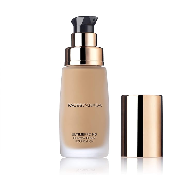 Faces Canada HD Runway Ready Foundation, Red Orange Extract & Gold particles, High Coverage, Oil-Free, Flawless Radiance, Vegan & Cruelty Free, Paraben Free, Sand 04 (Beige), 1.01 Fl Oz