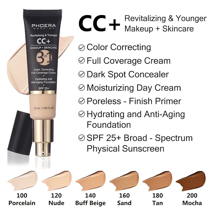 PHOERA Foundation,PHOERA CC+ Cream Color Correcting Anti Aging Hydrating Serum &SPF 25+,PHOERA Primer, PHOERA Makeup,Kabuki Brushes Foundation Brush Powder (104 Buff Beige+ 140 Buff Beige CC Cream)