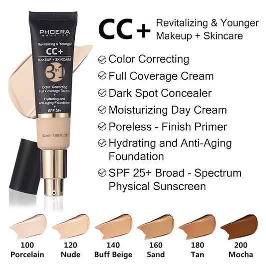 PHOERA CC Cream Foundation With SPF,PHOERA Full Coverage Foundation Color Correcting Cream,3 Pcs Cream Contour Stick Makeup Kit, Shades with Highlighter Stick, Blush Stick and Bronzer Contour Stick