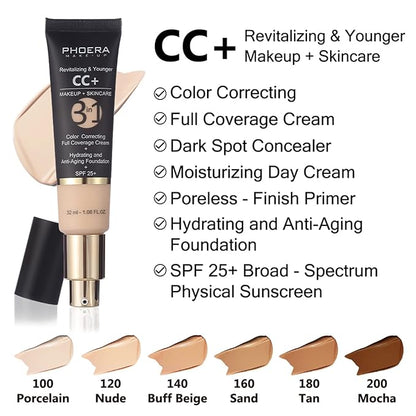 PHOERA Foundation Full Coverage,PHOERA CC Cream Color Correcting Anti Aging Hydrating Serum &SPF 25+,PHOERA Makeup Wrinkles Matte Natural Finish for a Flawless Complexion(105+160/Sand+Sand)